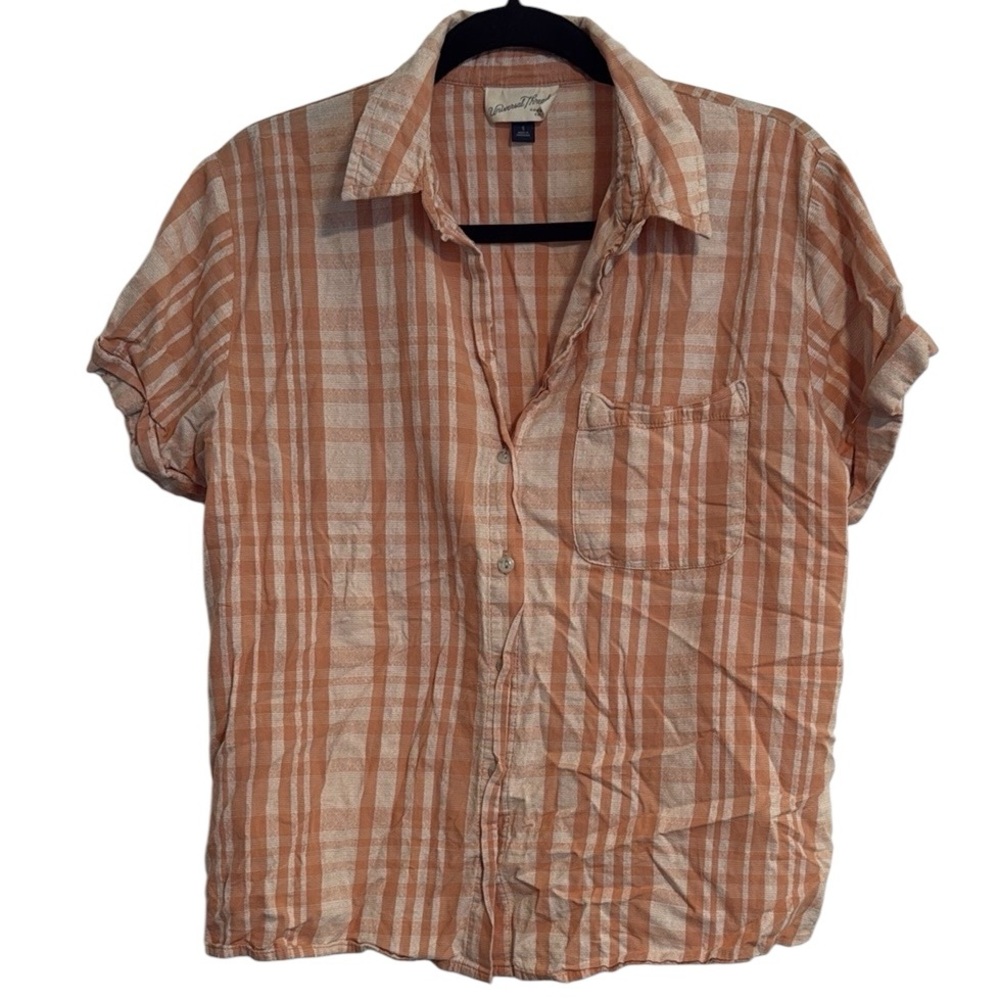 🌻 Universal Thread Orange and Cream Plaid Button Down Short Sleeve Top